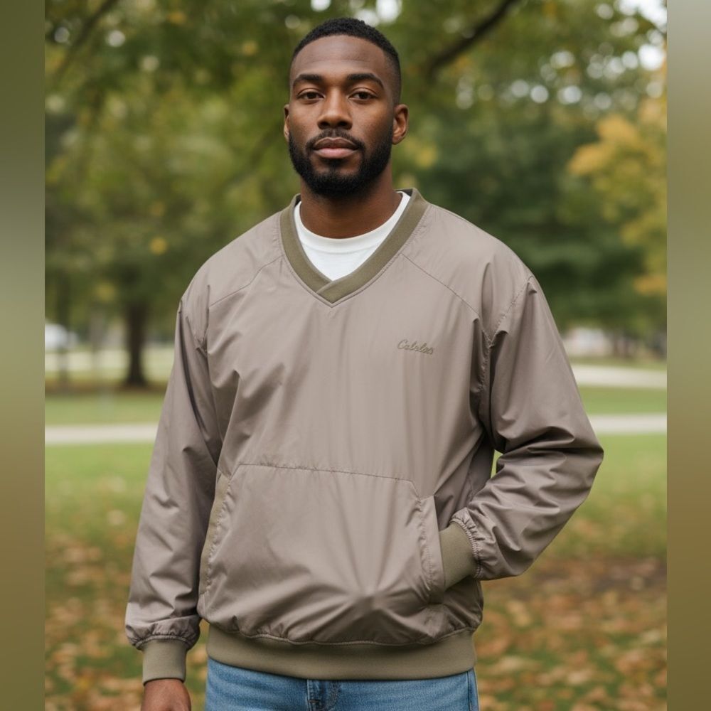 Cabela’s Pullover Windbreaker Jacket Gray w/ Olive Rib Trim & Zip Pockets